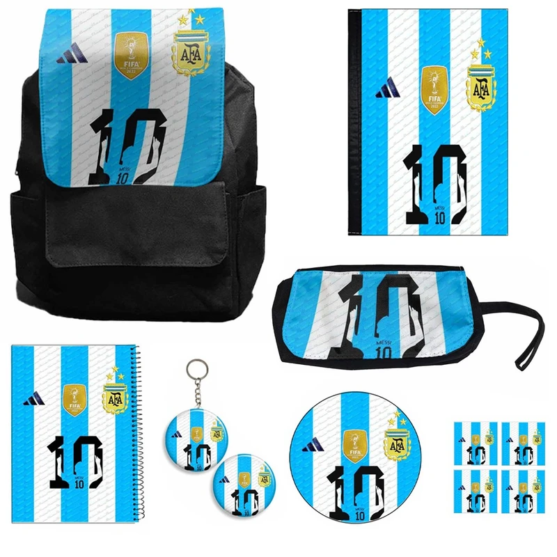 کوله پشتی  مدل لیونل مسی کد 1 به همراه کلاسور و دفتر مشق و جامدادی و زیر لیوانی و جاکلیدی مجموعه 11 عددی