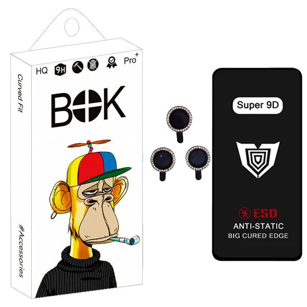 محافظ صفحه نمایش بوک مدل Super 9D Guard RN9 مناسب برای گوشی موبایل اپل iphone 15 Pro Max به همراه محافظ لنز دوربین رینگی نگین دار