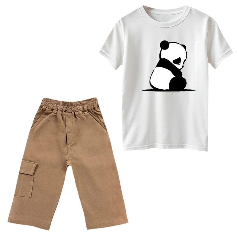 ست تی‌شرت و شلوارک پسرانه مدل پاندا نشسته رنگ سفید