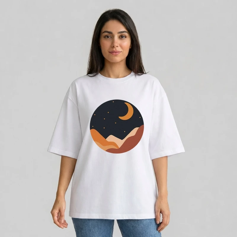تی شرت آستین سه ربع زنانه مدل باکسی طرح شب ماه