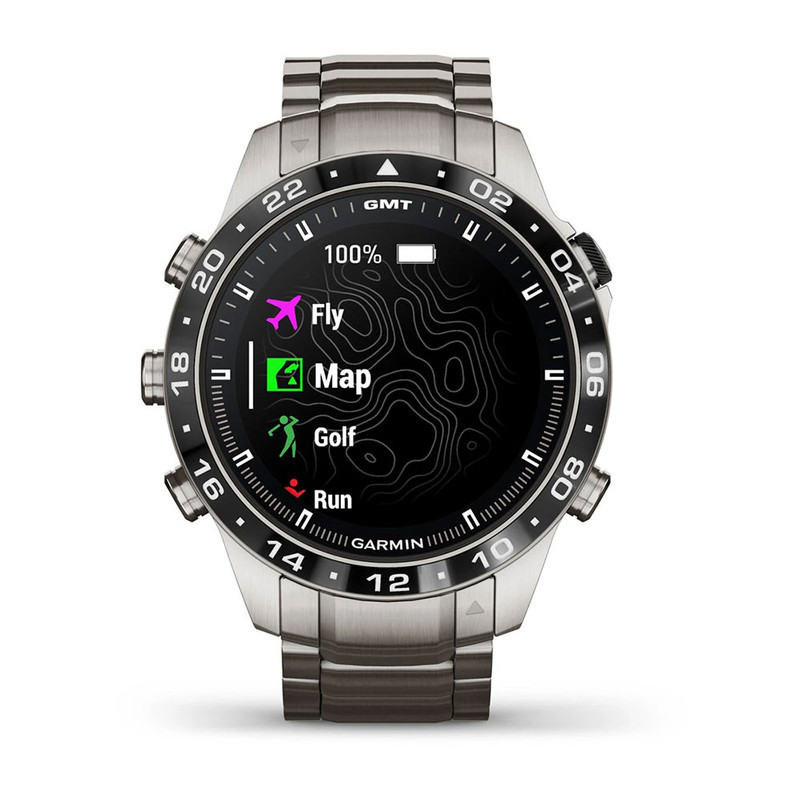 ساعت هوشمند گارمین مدل MARQ Aviator (Gen 2) دارای قابلیت های صفحه نمایش لمسی، با حالت های ورزشی مختلف، پایش وضیعت استرس، با 32 گیگابایت حافظه داخلی بند تیتانیوم
