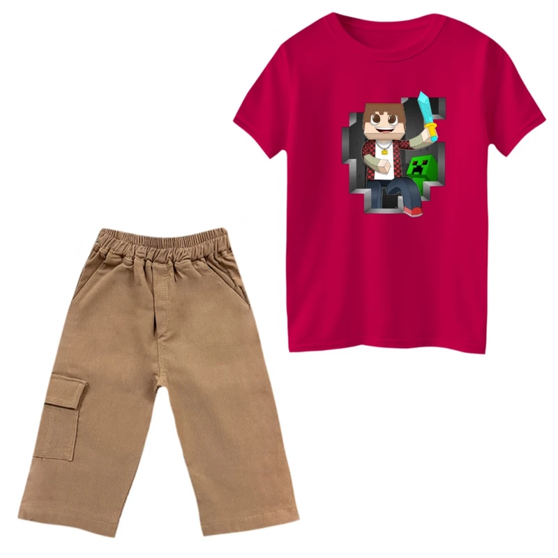 ست تی‌شرت و شلوارک پسرانه مدل ماینکرفت کد 8 رنگ سرخابی