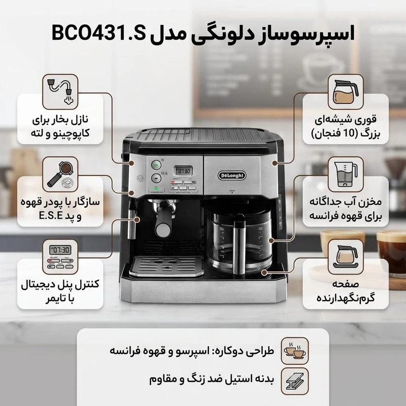 عکس شماره 2 : اسپرسوساز صنعتی 1200 میلی لیتری دلونگی مدل bco431.s با مصرف پودر قهوه، مناسب تهیه اسپرسو، کافه لاته، کاپوچینو و فرانسه، دارای 2 عدد نازل قهوه، تنظیم میزان بخاردهی