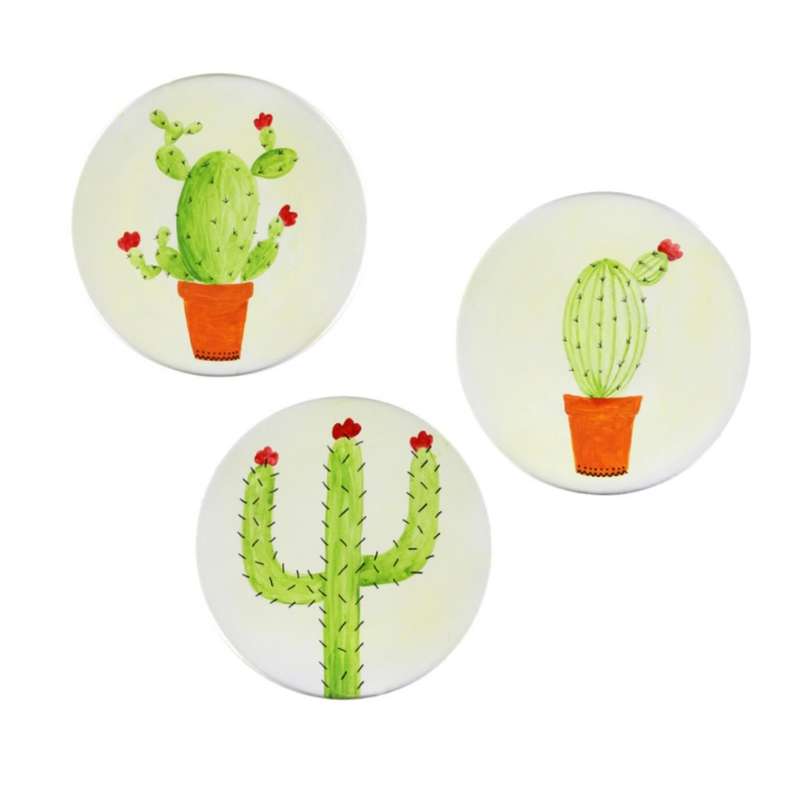 بشقاب دیوارکوب سفالی طرح کاکتوس مجموعه 3 عددی