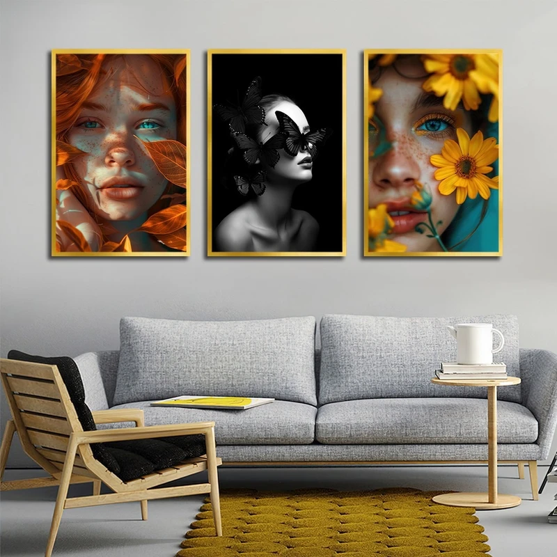 تابلو ساده بکلیت طرح برگ پاییزی و چهره مدل شاین اکلیلی T-2647 فریم طلایی مجموعه 3 عددی