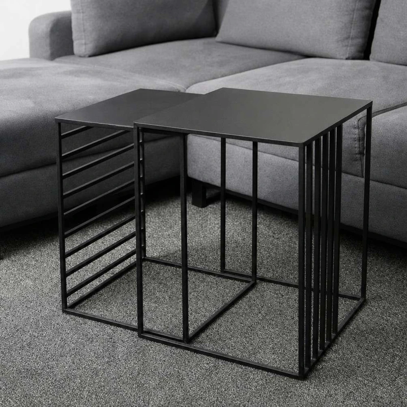 میز عسلی مربع با پایه فلز و صفحه MDF مدل اسلیم مجموعه 2 عددی