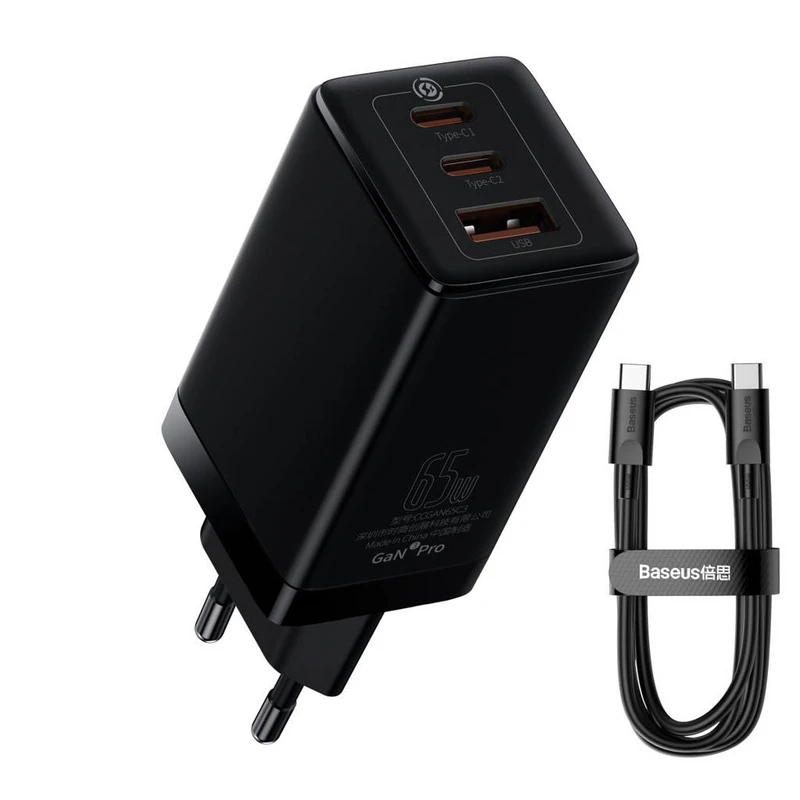 شارژر دیواری 65 وات بیسوس مدل CCGAN65E3 به همراه کابل USB-C