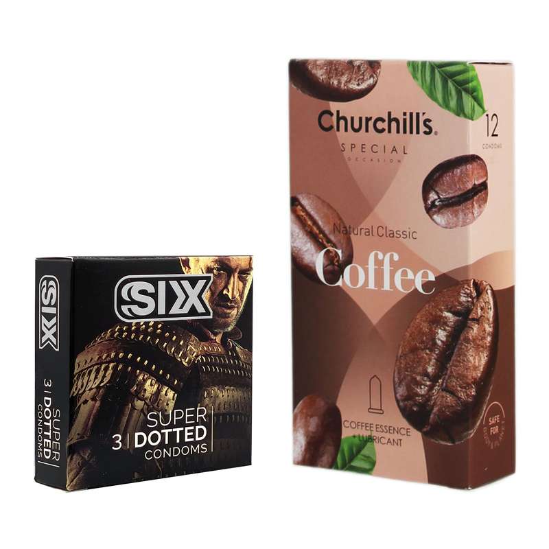 کاندوم چرچیلز مدل Coffee بسته 12 عددی به همراه کاندوم سیکس مدل خاردار بسته 3 عددی کاندوم چرچیلز مدل Coffee بسته 12 عددی به همراه کاندوم سیکس مدل خاردار بسته 3 عددی