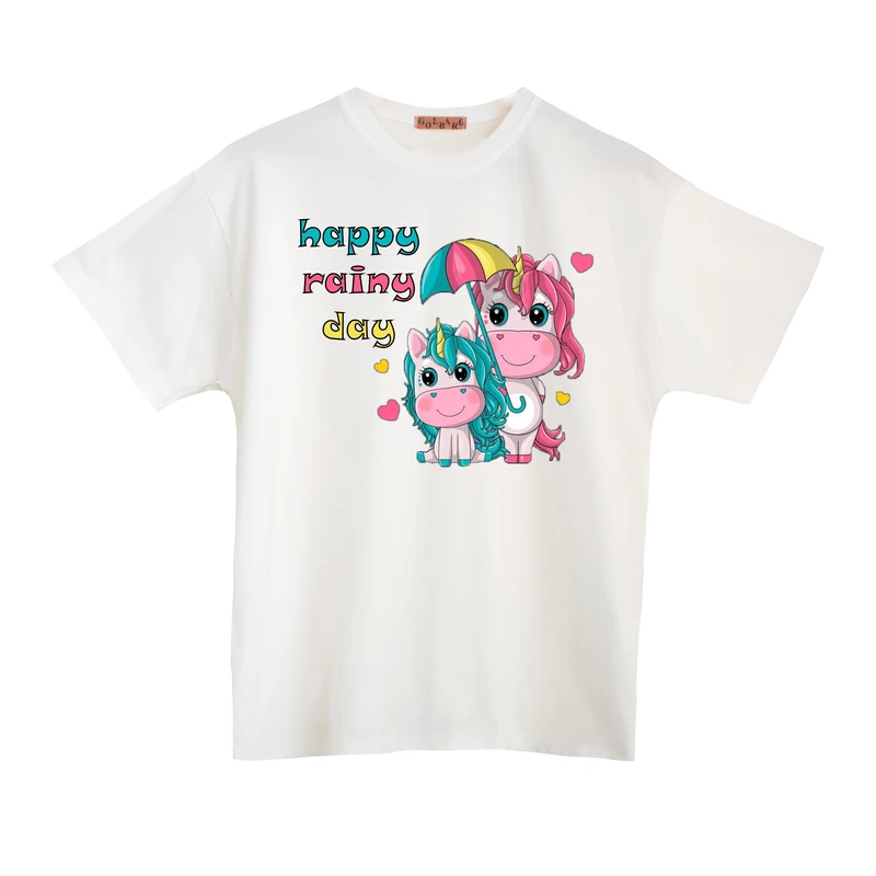 تی شرت آستین کوتاه دخترانه مدل تک شاخ و چتر