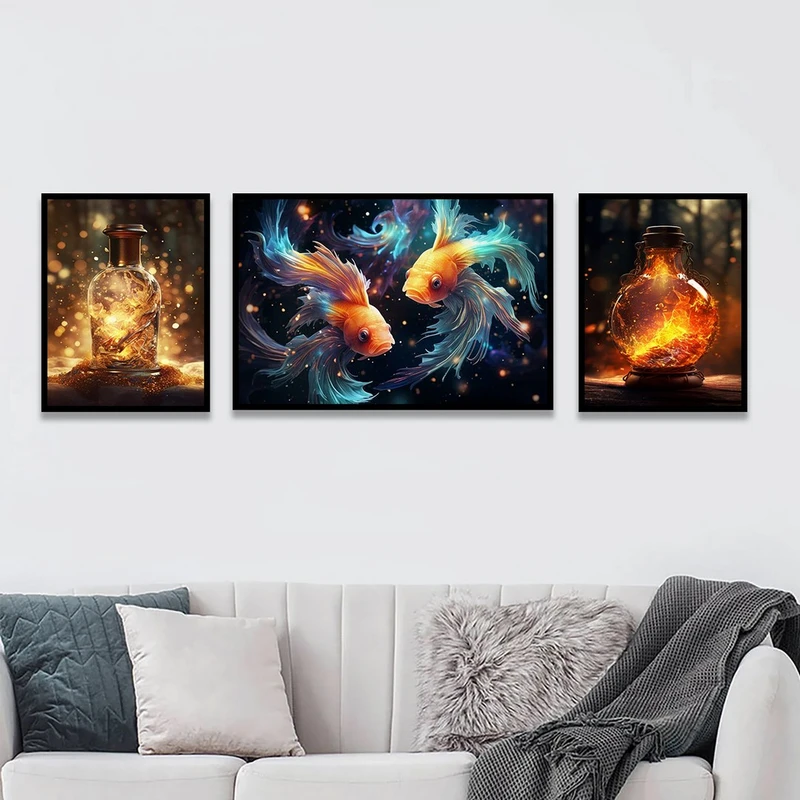 تابلو بکلیت طرح نقاشی رنگ روغن ماهی بال دار مدل B-1167 مجموعه 3 عددی