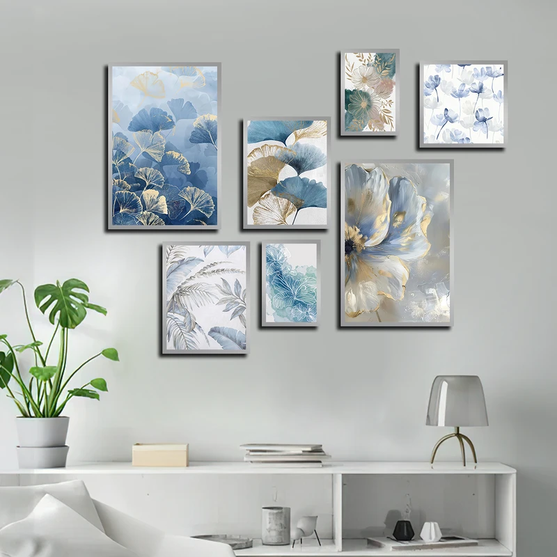 تابلو بکلیت طرح نقاشی آبرنگی گل مدل SI-3644 فریم نقره ای مجموعه 7 عددی