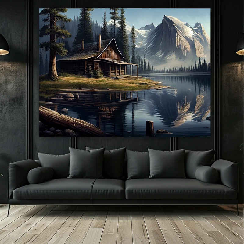 تابلو بوم طرح مخمل کلبه جنگلی و کوه کد GR1119