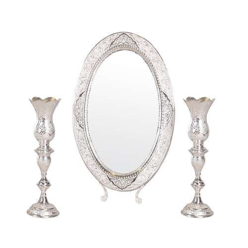 آینه و شمعدان طرح گل و مرغ مدل پایه دار مجموعه 3 عددی 