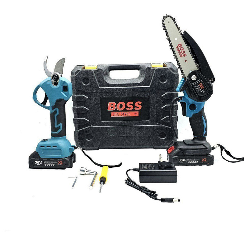 کیت اره زنجیری شارژی و قیچی شارژی باس مدل BS- twin3 مجموعه دو عددی