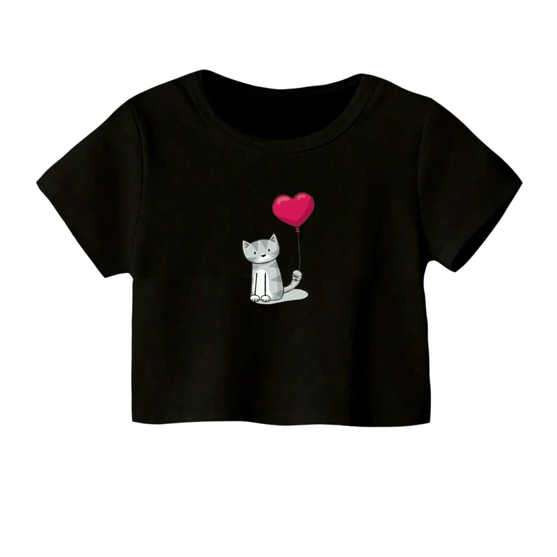 کراپ‌ تی‌شرت آستین کوتاه زنانه مدل گربه و بادکنک