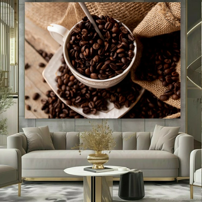 پوستر پارچه ای طرح مخمل فنجان قهوه مدل دانه های قهوه کد FP1056692