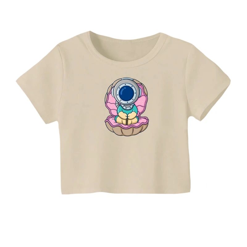 کراپ‌ تی‌شرت آستین کوتاه زنانه مدل آدم فضایی کد 04