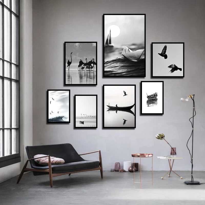 تابلو بکلیت طرح منظره دریا و لک لک و قایق کاغذی مدل B-3486 فریم مشکی مجموعه 7 عددی