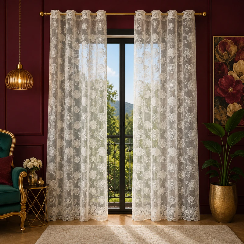 پرده پانچ تیکو دکو مدل تور راشل کادکا طرح گلبرگ دالبوردار سایز 280 × 140 سانتی‌متر مجموعه دو عددی
