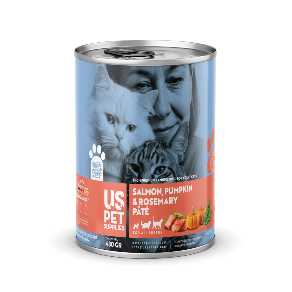 کنسرو غذای گربه بالغ یو اس پت مدل های‌پریمیوم طعم سالمون،‌ کدو و رزماری وزن 430 گرم