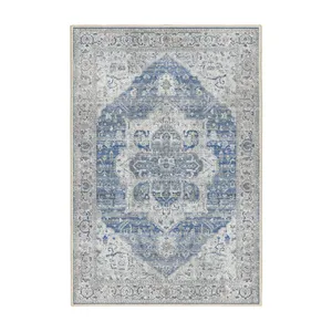 فرش ماشینی 1000 شانه اورکوم زمینه طوسی حاشیه آبی طرح مینیمال هانا کد OR.1115.03