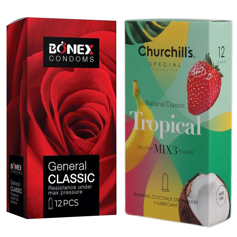 کاندوم چرچیلز مدل Tropical بسته 12 عددی به همراه کاندوم بونکس مدل General Classic بسته 12 عددی کاندوم چرچیلز مدل Tropical بسته 12 عددی به همراه کاندوم بونکس مدل General Classic بسته 12 عددی