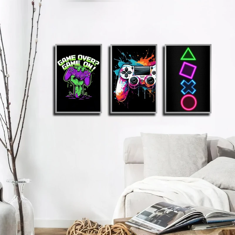 تابلو بکلیت طرح بازی و دسته پلی استیشن مدل SI-4191 رنگ فریم نقره ای مجموعه 3 عددی