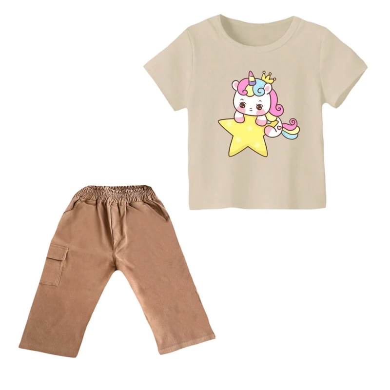 ست تی شرت و شلوارک دخترانه مدل یونیکورن کد ۱۰ رنگ کرم