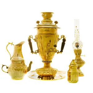 سرویس سماور ذغالی 7 پارچه برنجی مدل سوزنی ترک دار کد 4323