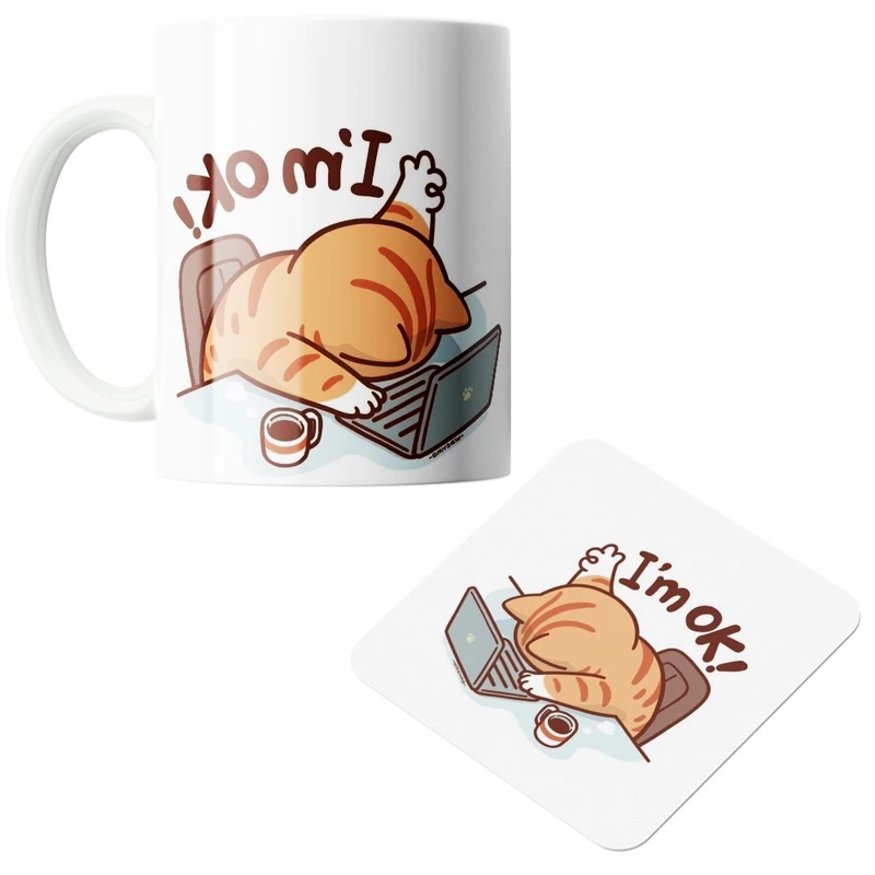 ماگ پاد افرین مدل گربه I’m ok کد 81 به همراه زیر لیوانی