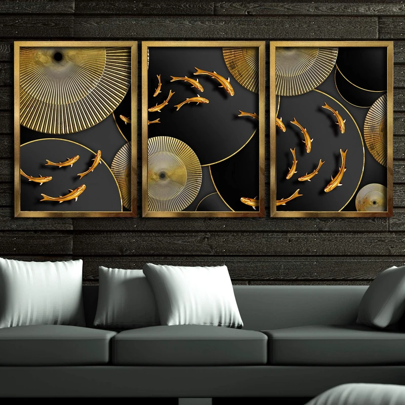 تابلو بکلیت طرح دکوراتیو و طلاکوب نقش ماهی مدل T-614 مجموعه 3 عددی 