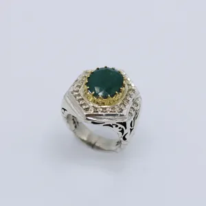 انگشتر نقره مردانه مدل سنگ زمرد و برلیان کد 100