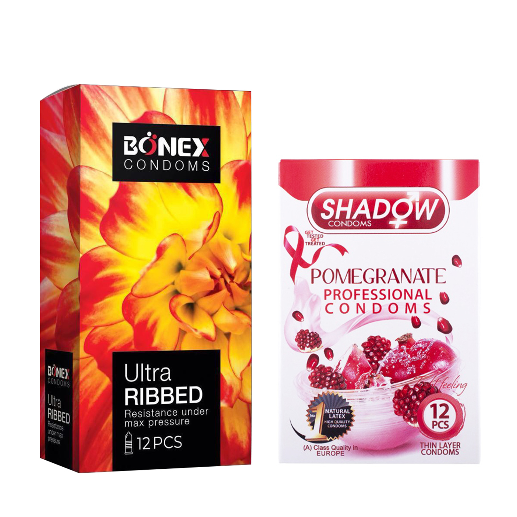 کاندوم بونکس مدل Ultra Ribbed بسته 12 عددی به همراه کاندوم شادو مدل Pomegranate بسته 12 عددی