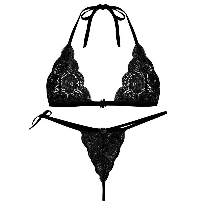 ست شورت و سوتین زنانه پانیذ مدل بندی گیپوری کد 9043 رنگ مشکی