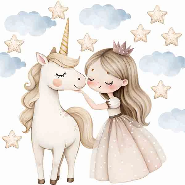 استیکر دیواری کودک راتیانا مدل girl and unicorn