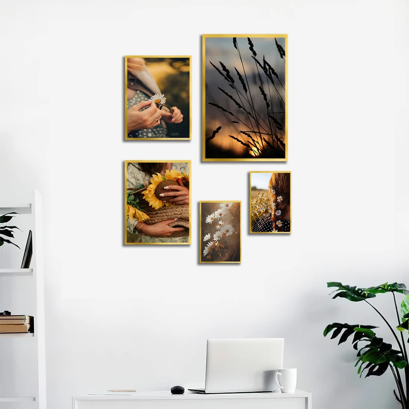 تابلو بکلیت طرح طبیعت گل بابونه و آفتابگردان  مدل T-3295 فریم طلایی مجموعه 5 عددی