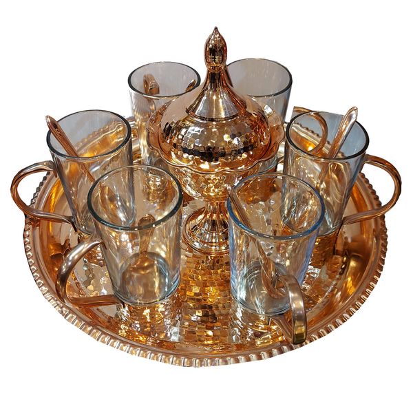 سرویس چای خوری مسی 14 پارچه مدل چکش کاری کد 1047