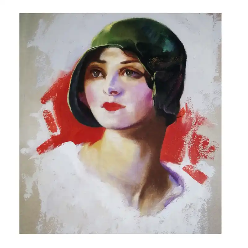 تابلو رنگ روغن مدل دختری با کلاه سبز کد w06