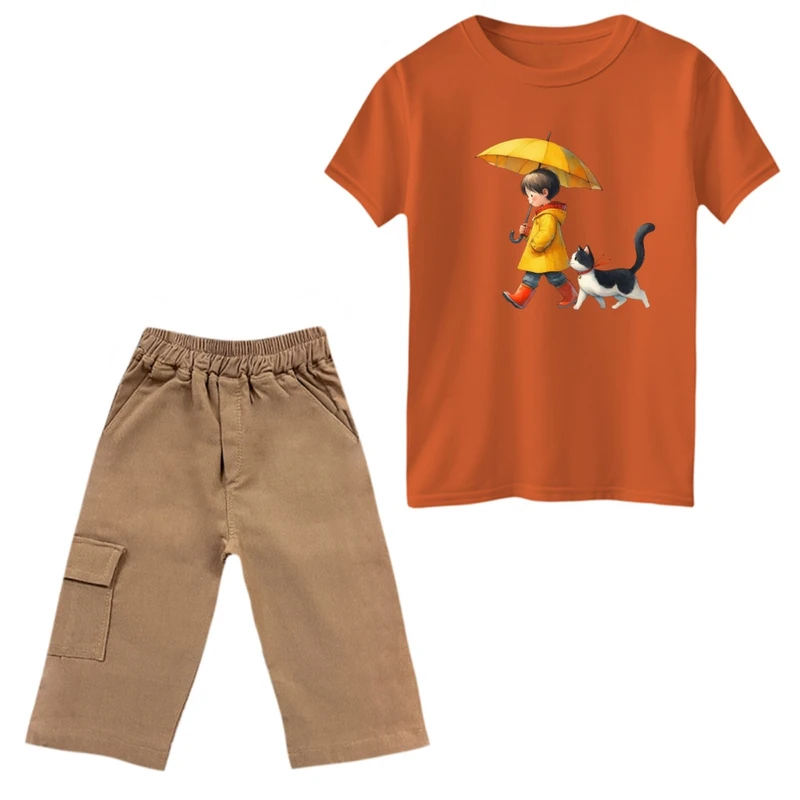 ست تی‌شرت و شلوارک دخترانه مدل دخترک و گربه کد 2 رنگ نارنجی