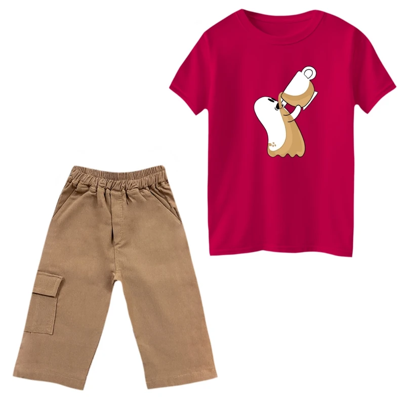 ست تی‌شرت و شلوارک پسرانه مدل روح و قهوه رنگ سرخابی