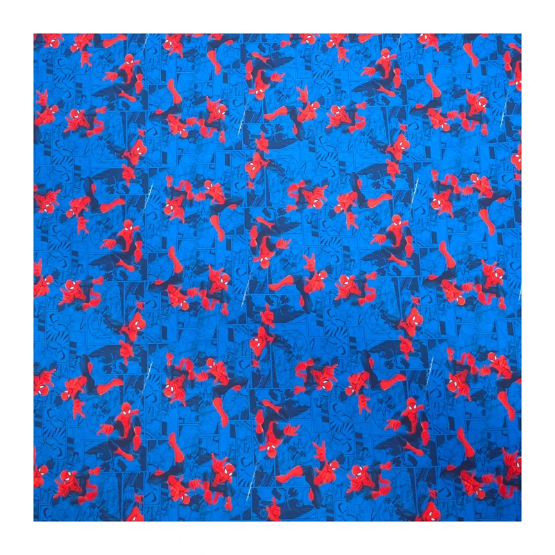 پارچه لباس عرض 1.5 متر مدل تریکو دورس کره ای طرح مرد عنکبوتی رنگ آبی