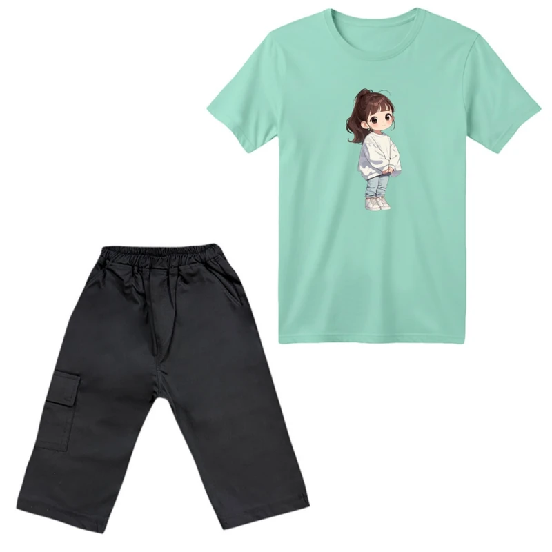 ست تی‌شرت آستین کوتاه و شلوارک دخترانه مدل دختر مو بلند رنگ سبز روشن