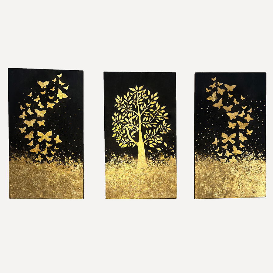 تابلو نقاشی ورق طلا طرح درخت آرزوها کد 102 مجموعه 3 عددی