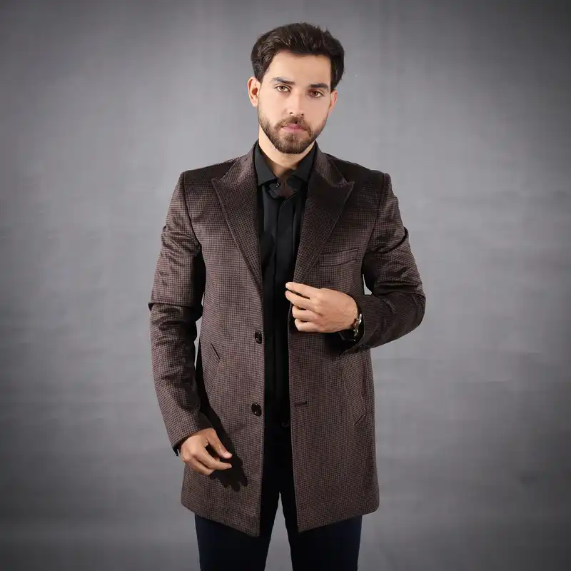 پالتو مردانه مدل مخمل چهارخانه یقه بلیزر رنگ قهوه ای