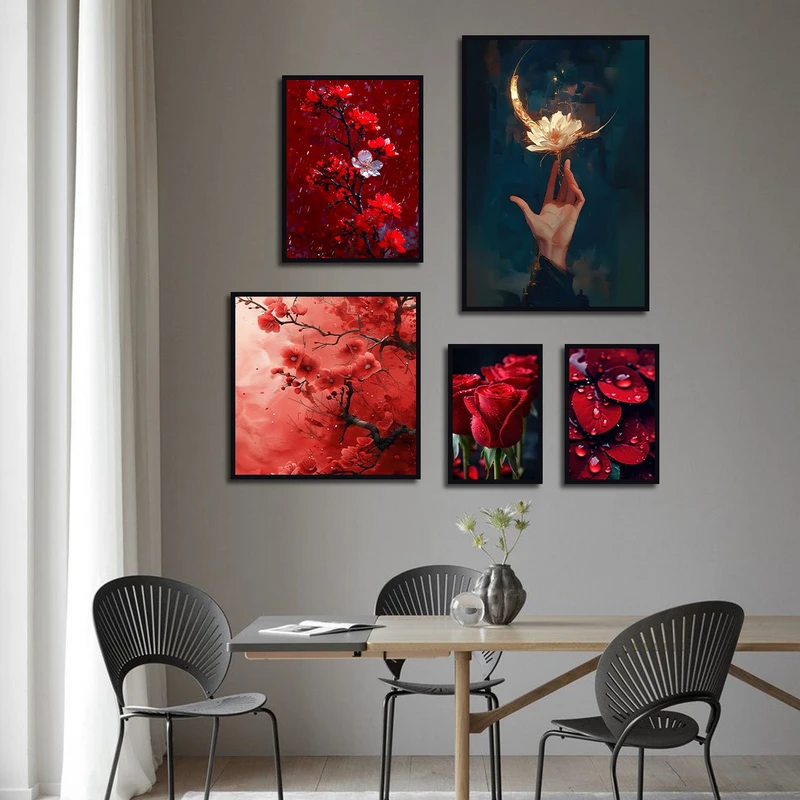 تابلو ساده بکلیت طرح طبیعت و گل مدل شاین اکلیلی B-3088 فریم مشکی مجموعه 5 عددی