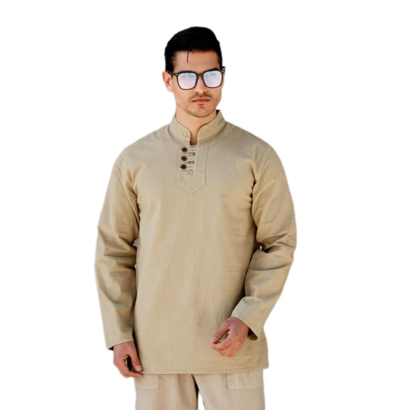 پیراهن آستین بلند یقه ایستاده مردانه مدل 3 دکمه