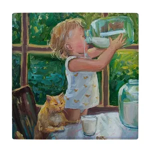 زیر لیوانی  طرح نقاشی پسر بچه و گربه کد    6096814_5265