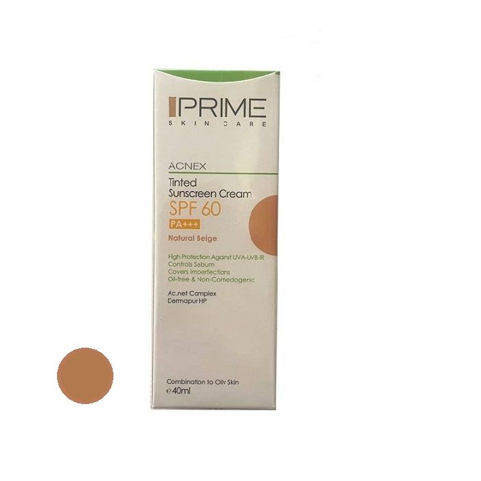 کرم ضدآفتاب رنگی پرایم، 60 SPF، مدل 02، مناسب پوست چرب و مختلط تنالیته رنگ متوسط و حجم 40 میلی‌لیتر، محافظت کننده در برابر اشعه UVA،IRو UVB، کنترل کننده ترشح سبوم، فاقد چربی و غیر کومدون‌زا، +++PA، پوشش دهنده جای جوش، با ماندگاری 3 ساعته -  - 3