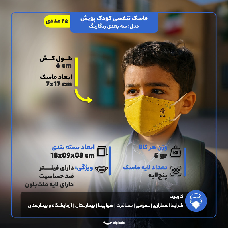ماسک تنفسی کودک پویش مدل سه بعدی رنگارنگ پنج لایه بسته 25 عددی