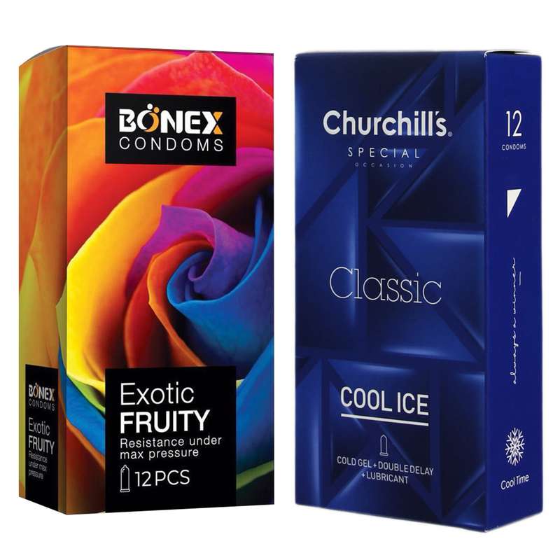 کاندوم چرچیلز مدل Cool Ice بسته 12 عددی به همراه کاندوم بونکس مدل Exotic Fruity بسته 12 عددی
